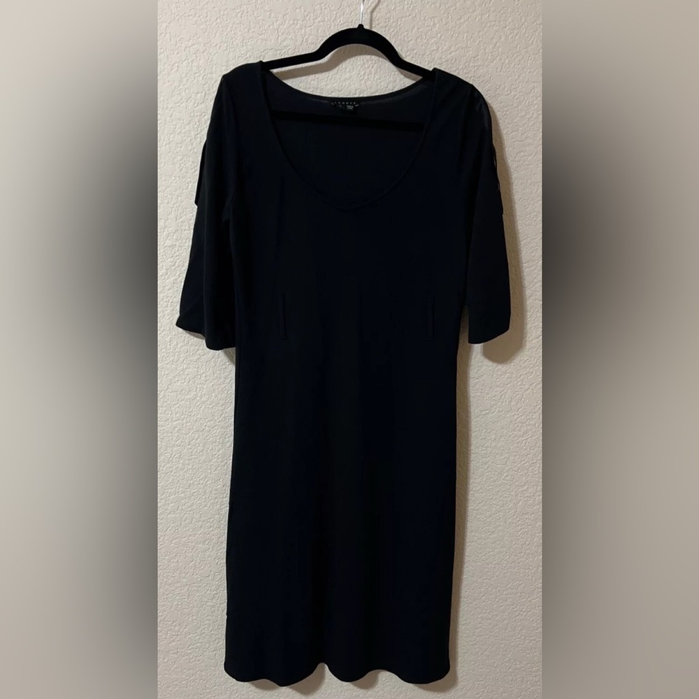 Vintage Theory Lucinda Wool Blend Dress Wide V Neck Tab Sleeve Sz L Black